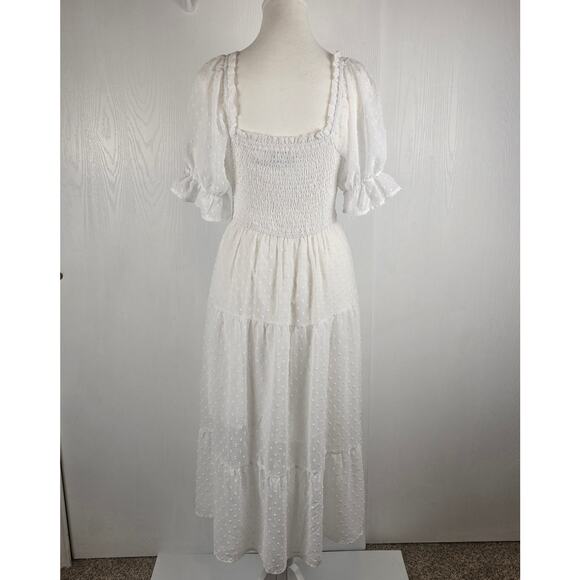 Merokeety Womens Small Smocked Dress Puff Dot Tie Front Sheer White Cottage Core - Picture 5 of 10